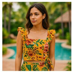 Rachel Zoe Linen Blend Tropical Crop Top Vacation White Lotus Feminine Colorful